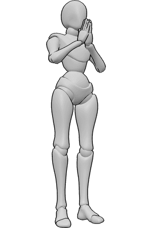 Pose Reference- Female praying hand reference - Female is standing and praying, female hand reference