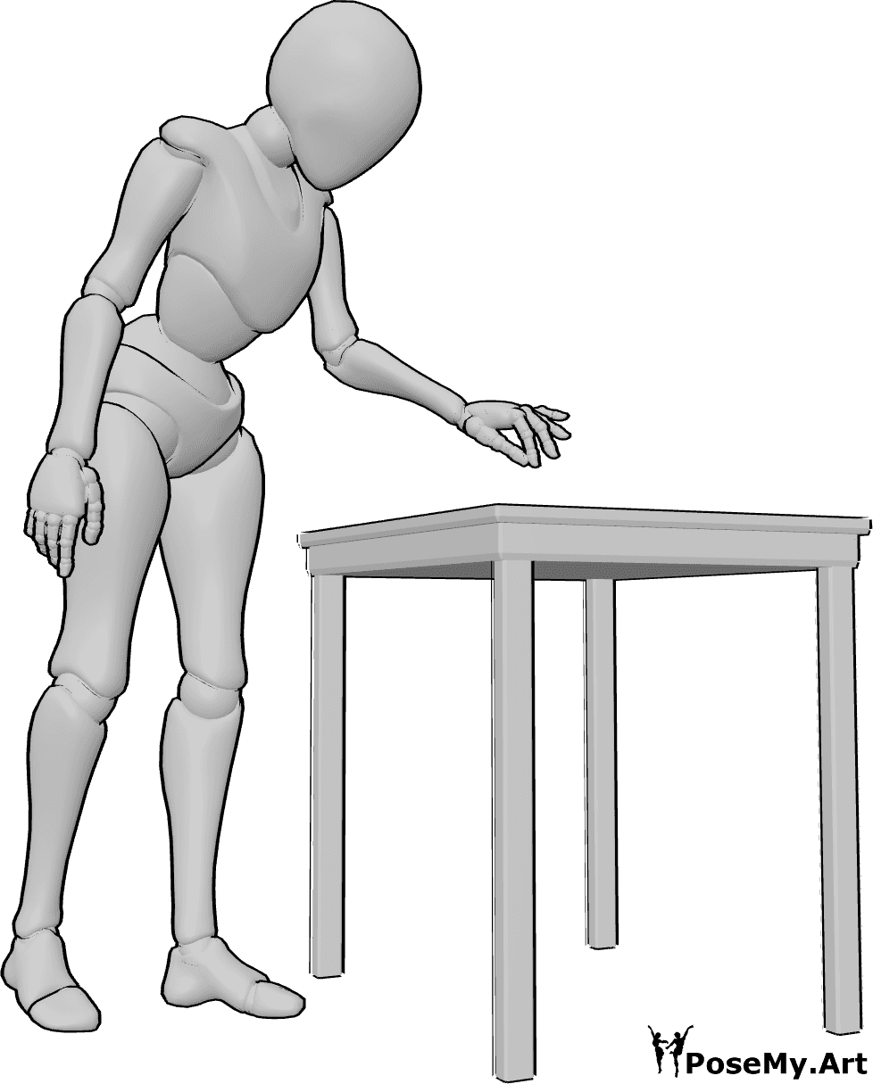 Pose Reference- Delicate pinch hand reference - Female is gently picking up something small from the table, pinching it with two fingers