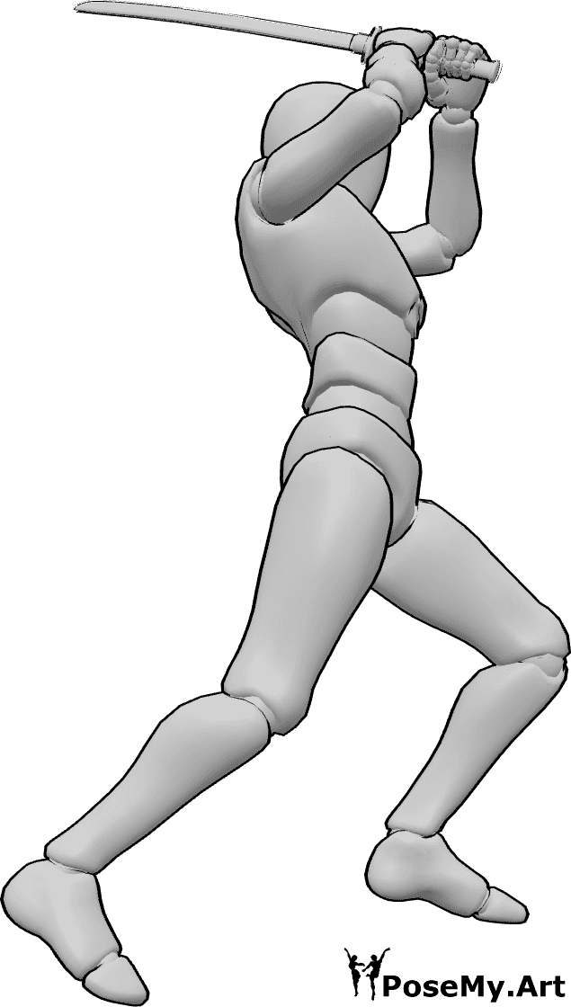 Pose Reference- Heroic overhead strike pose - Male is jumping and doing a powerful downward swing with his sword