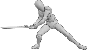 Referencia de poses- Espada baja pose de barrido - El macho está atacando, barriendo con su espada en una postura baja