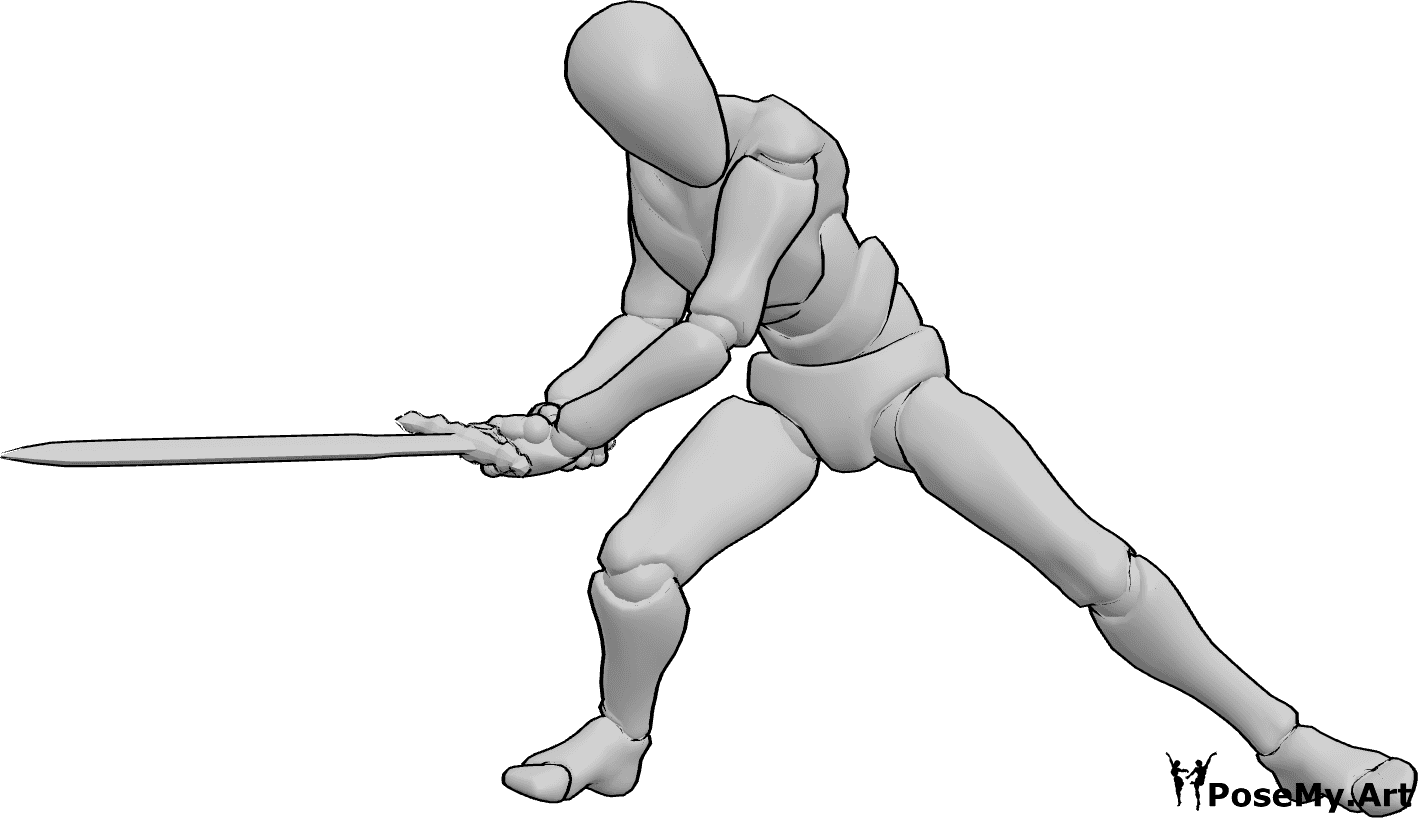 Pose Reference- Sword low sweeping pose - Male is attacking, sweeping with his sword in a low stance