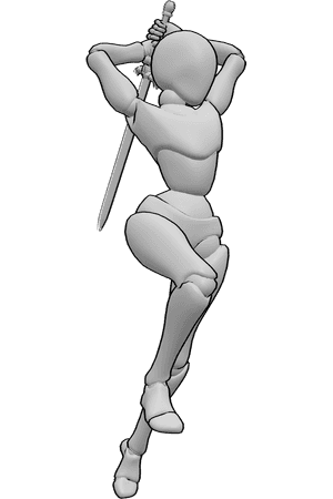 Referencia de poses- Postura femenina de huelga por encima de la cabeza - La mujer está saltando y cortando desde arriba con su espada.