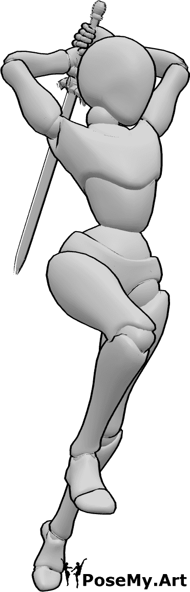 Pose Reference- Female overhead strike pose - Female is jumping and slashing from above with her sword