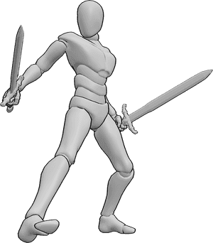 Referencia de poses- Postura de doble hoja - Varón en posición de combate sosteniendo dos espadas