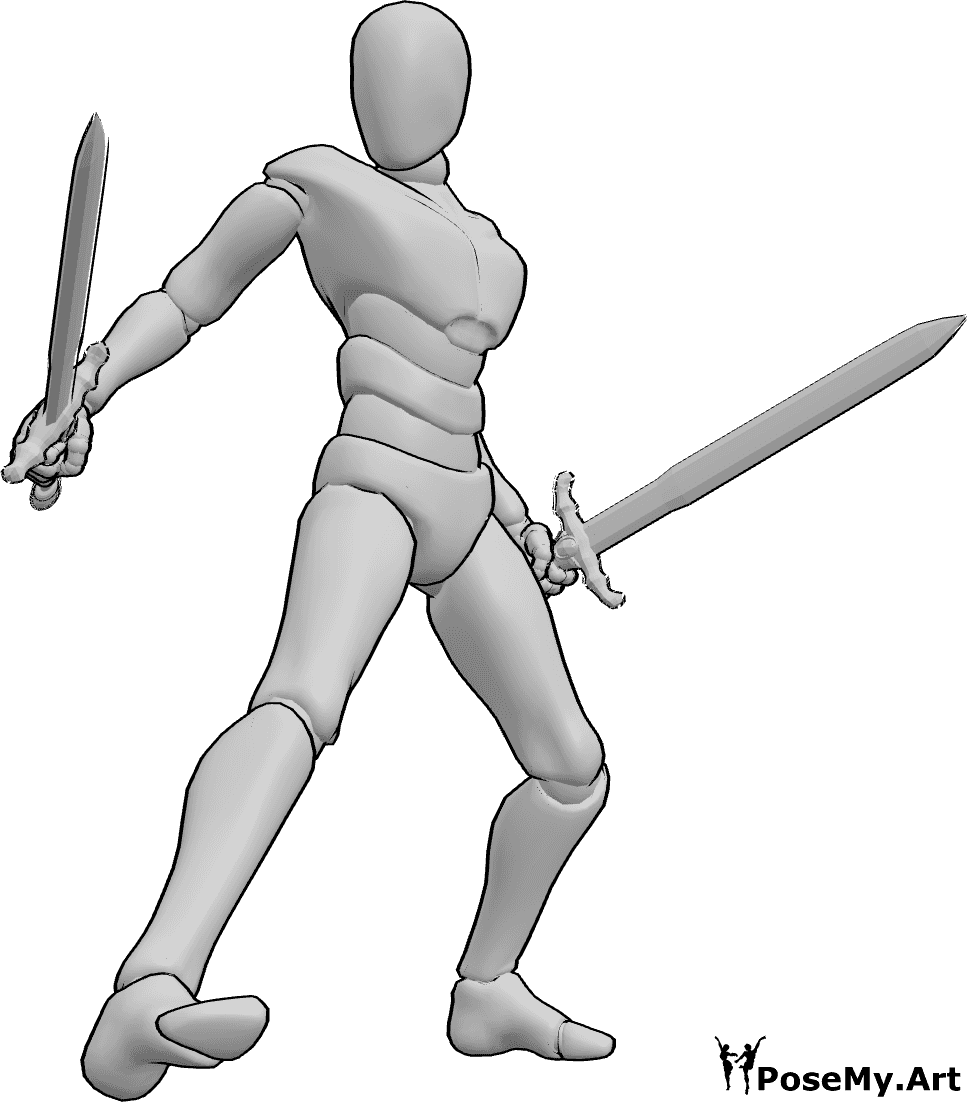 Pose Reference- Dual blade stance pose - Male is in a fighting stance holding two swords