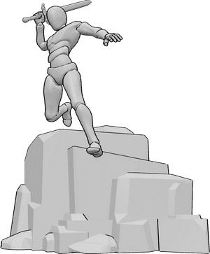 Referencia de poses- Masculino saltando slash pose - Macho saltando desde una roca y dando tajos con su espada