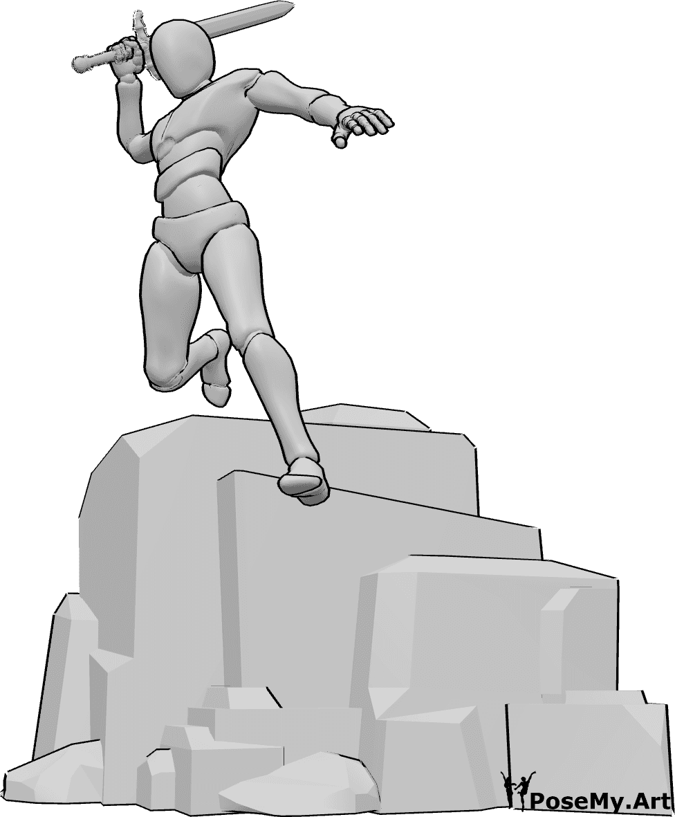Pose Reference- Male jumping slash pose - Male is jumping off a rock and slashing with his sword