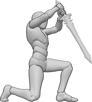 Referencia de poses- Postura de ataque final - Varón arrodillado, sosteniendo su espada con ambas manos y clavándola hacia abajo.
