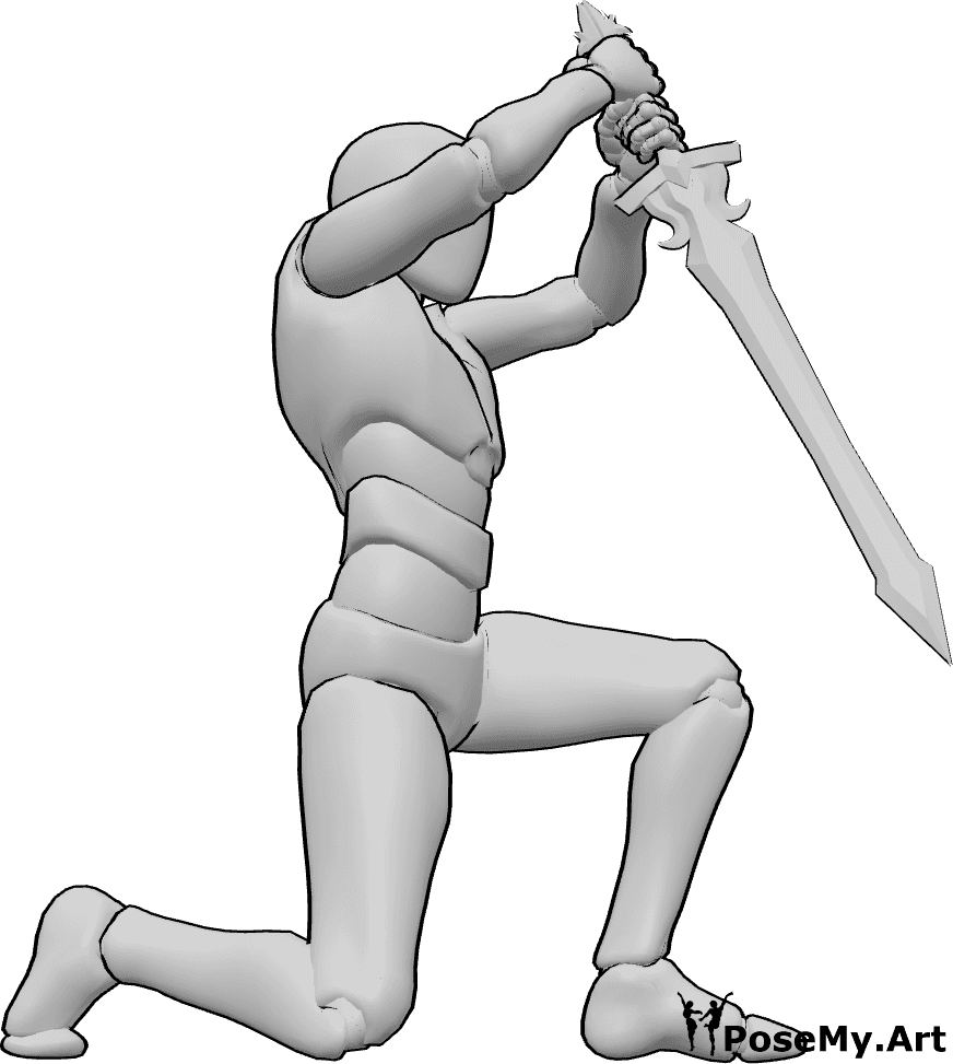 Référence des poses- Pose d'attaque finale - L'homme est agenouillé, il tient son épée à deux mains et la poignarde vers le bas.