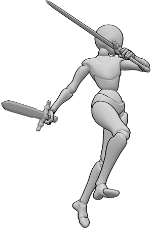 Referencia de poses- Pose femenina de doble hoja - La luchadora está saltando, atacando, sosteniendo dos espadas, mirando a la izquierda