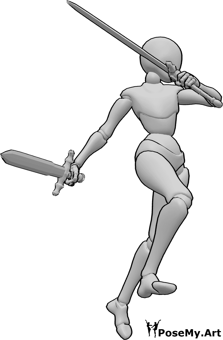 Pose Reference- Female dual blade pose - Female fighter is jumping, attacking, holding two swords, looking to the left