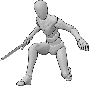 Referencia de poses- Postura de cuchilla agachada - Hombre agachado, con una espada en la mano derecha.