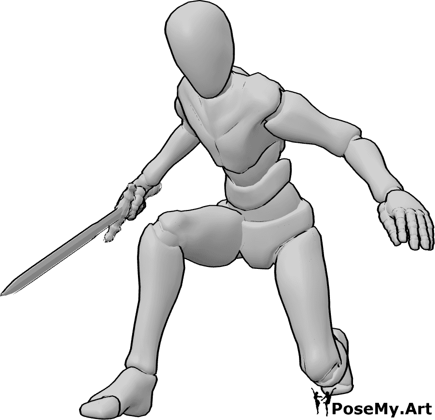 Pose Reference- Crouching blade pose - Male is crouching, holding a sword in his right hand