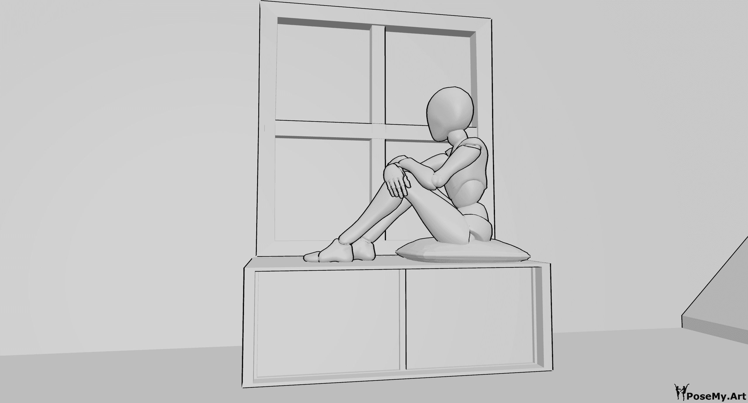 Pose Reference- Window sitting pose - Female is sitting at the window, hugging her knees, looking outside