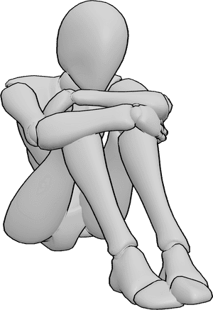 Referência de poses- Pose do queixo sentado em repouso - A mulher está sentada no chão, abraçando os joelhos e apoiando o queixo na mão
