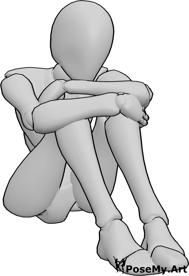 Pose Reference- Resting chin sitting pose - Female is sitting on the ground, hugging her knees, resting her chin on her hand