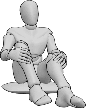 Referência de poses- Posição sentada descontraída, abraçando os joelhos - O homem está sentado descontraidamente no chão, segurando os joelhos