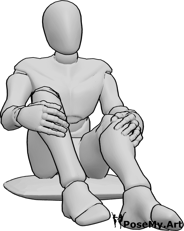 Pose Reference- Relaxed sitting hugging knees pose - Male is sitting relaxed on the ground, holding his knees