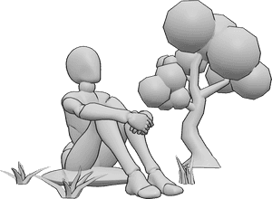 Referência de poses- Pose dos joelhos abraçados ao ar livre - A mulher está sentada descontraidamente no exterior, abraçando os joelhos e segurando as mãos