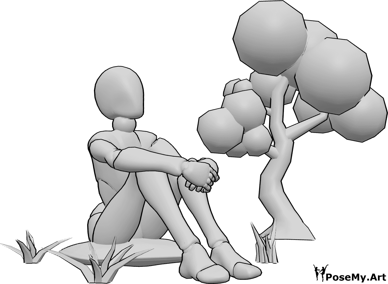 Pose Reference- Outdoor sitting hugging knees pose - Female is sitting relaxed outside, hugging her knees, holding her hands