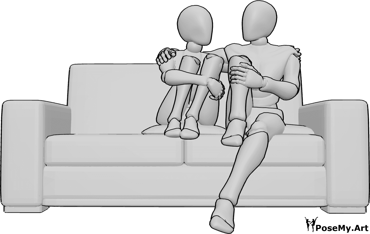 Pose Reference- Couple sitting hugging knees pose - Couple is sitting on the couch, holding their knees, hugging each other