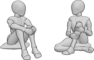 Referência de poses- Mulheres sentadas a abraçar a pose dos joelhos - As mulheres estão sentadas e abraçadas aos joelhos, a falar umas com as outras