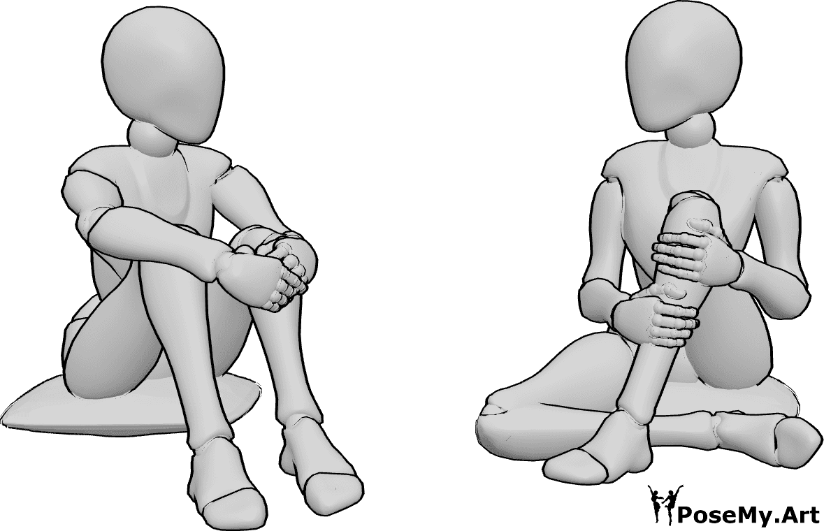 Pose Reference- Females sitting hugging knees pose - Females are sitting and hugging their knees, talking to each other
