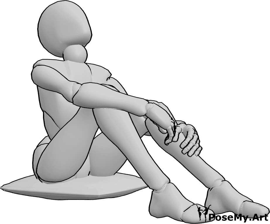 Pose Reference- Hugging knees looking up pose - Female is sitting relaxed, hugging her knees, looking up to the sky