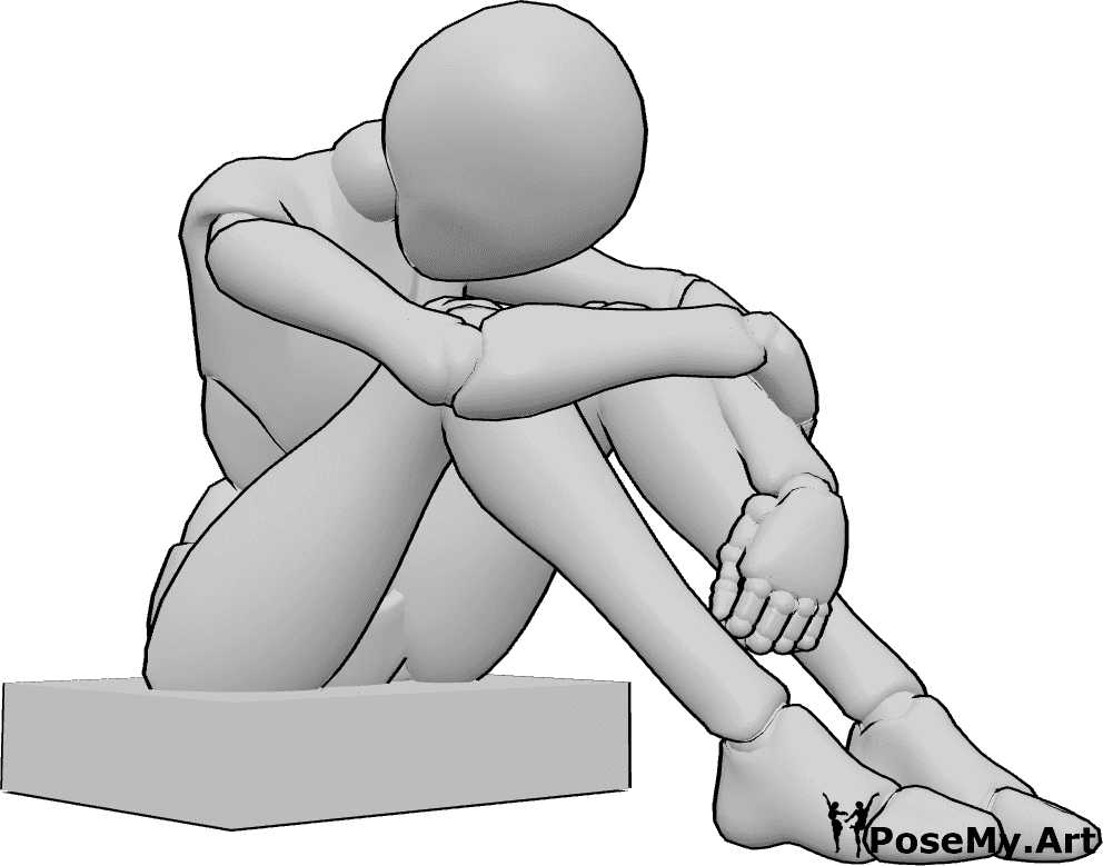 Pose Reference- Sad sitting hugging knees pose - Sad female is sitting, hugging her knees, looking down