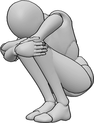 Referência de poses- Postura de agachamento com os joelhos abraçados - A mulher triste está agachada, abraçando os joelhos, olhando para baixo