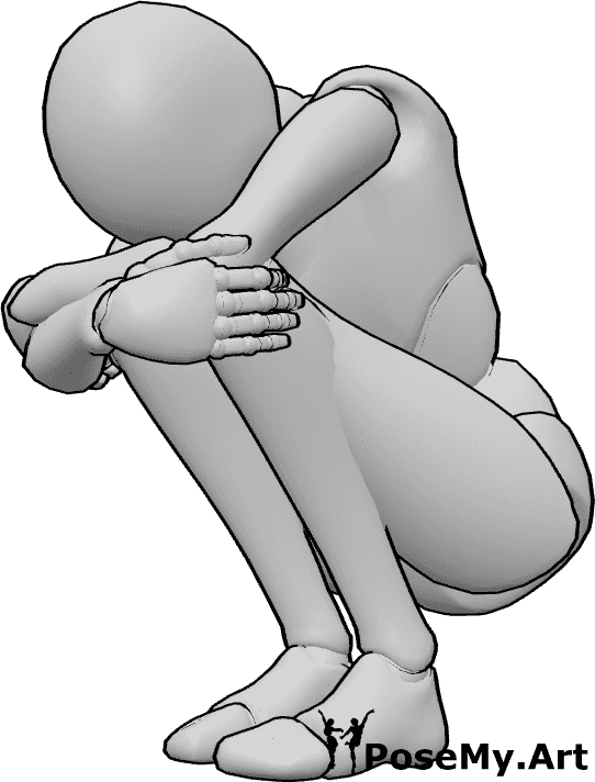 Pose Reference- Crouching hugging knees pose - Sad female is crouching, hugging her knees, looking down