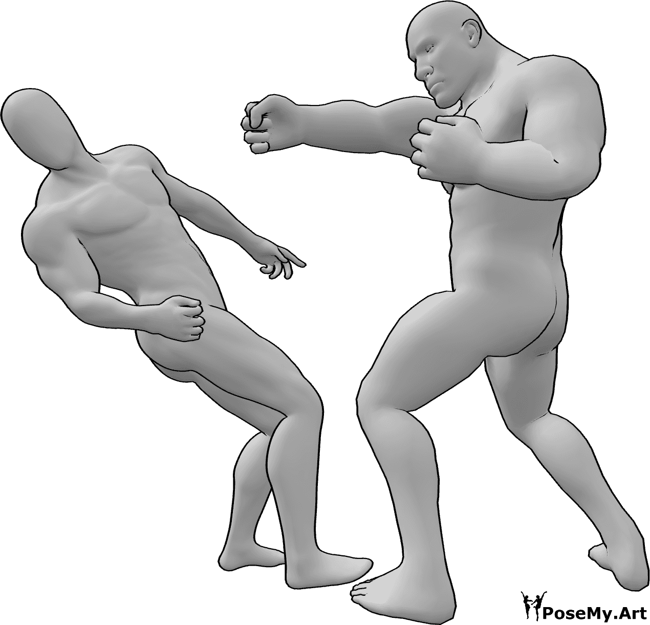Posen-Referenz- Brute männliche Kampfpose - Das brutale Männchen schlägt das andere Männchen nieder und es fällt rückwärts in Pose