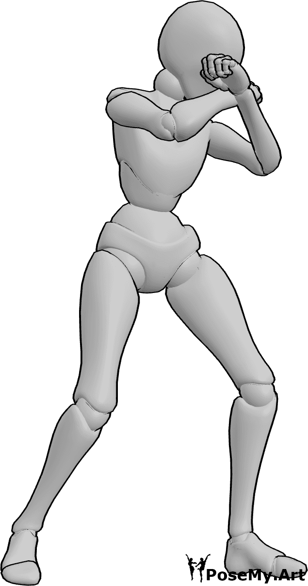 Posen-Referenz- Weibliche blockierende Pose - Frau steht mit verschränkten Armen und wehrt einen Angriff ab