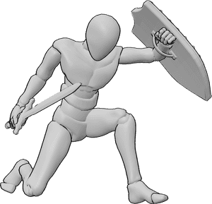 Posen-Referenz- Schild-Blockier-Pose - Männlich, in der Hocke, hält ein Schild und ein Schwert und wehrt einen Angriff mit dem Schild ab.