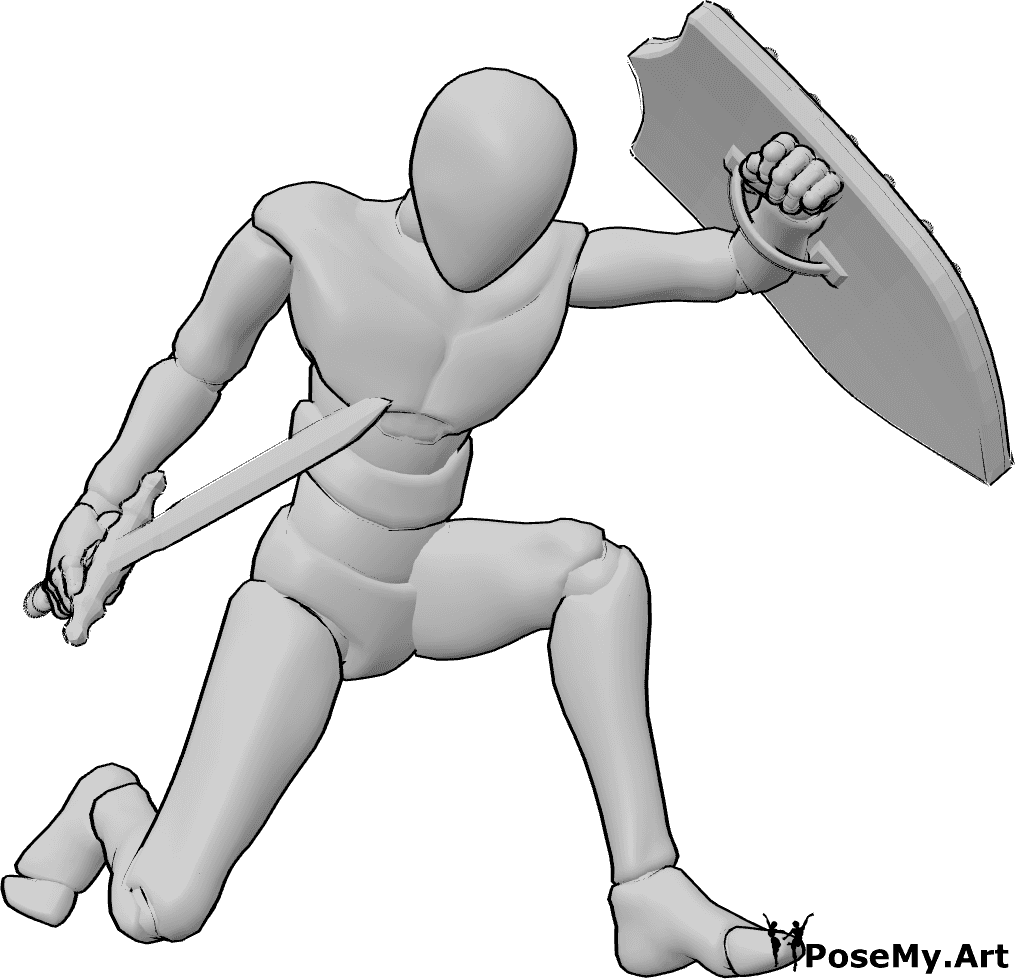 Posen-Referenz- Schild-Blockier-Pose - Männlich, in der Hocke, hält ein Schild und ein Schwert und wehrt einen Angriff mit dem Schild ab.