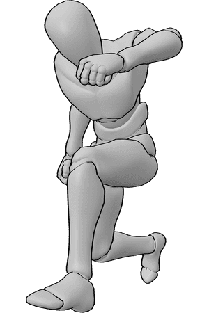 Posen-Referenz- Arm-Blockier-Pose - Männchen hockt und wehrt einen Angriff mit seinem Arm ab