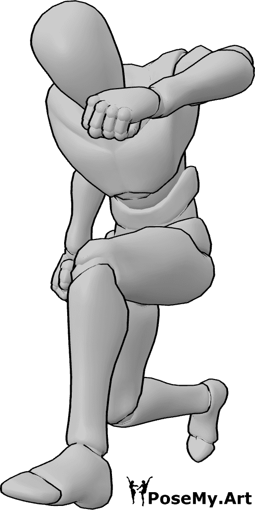 Posen-Referenz- Arm-Blockier-Pose - Männchen hockt und wehrt einen Angriff mit seinem Arm ab