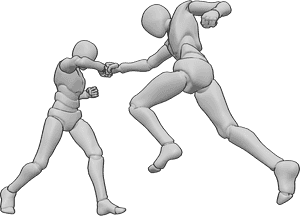 Posen-Referenz- Ellbogenblockade-Pose - Männer kämpfen, einer von ihnen wehrt einen Angriff mit dem Ellbogen ab