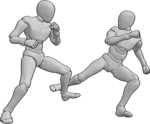 Posen-Referenz- Bein-Blockier-Pose - Männer kämpfen, einer von ihnen wehrt einen Tritt mit seinem Schienbein ab