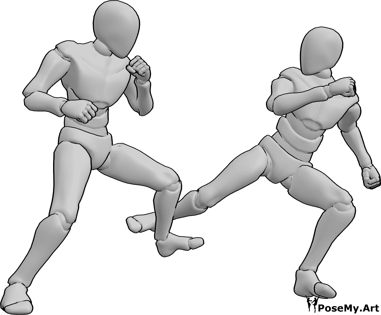 Referência de poses- Pose de bloqueio das pernas - Os homens estão a lutar, um deles está a bloquear um ataque de pontapés com a canela