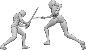 Posen-Referenz- Schwert-Blockier-Pose - Frau und Mann kämpfen mit Schwertern, der Mann wehrt einen Angriff ab