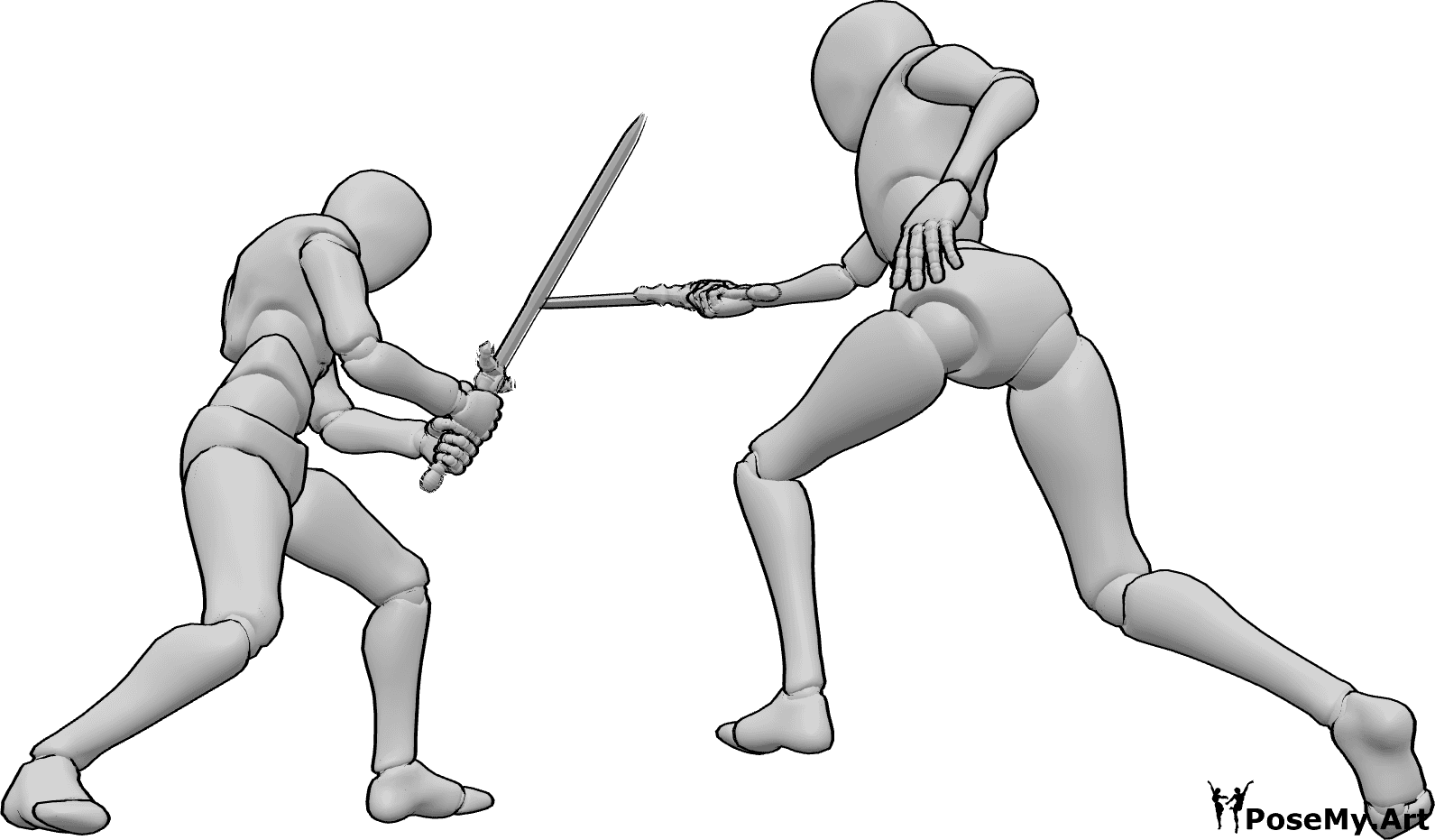 Posen-Referenz- Schwert-Blockier-Pose - Frau und Mann kämpfen mit Schwertern, der Mann wehrt einen Angriff ab