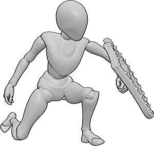 Posen-Referenz- Weibliche Schild-Blockier-Pose - Frau hockt, blockt mit einem Schild, hält den Schild in der linken Hand