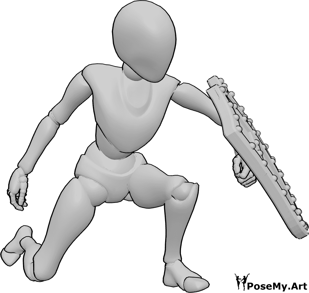 Posen-Referenz- Weibliche Schild-Blockier-Pose - Frau hockt, blockt mit einem Schild, hält den Schild in der linken Hand