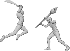 Posen-Referenz- Zauberstab-Blockier-Pose - Das Männchen greift mit einem Schwert an, der Zauberer blockt den Angriff mit seinem Zauberstab ab.