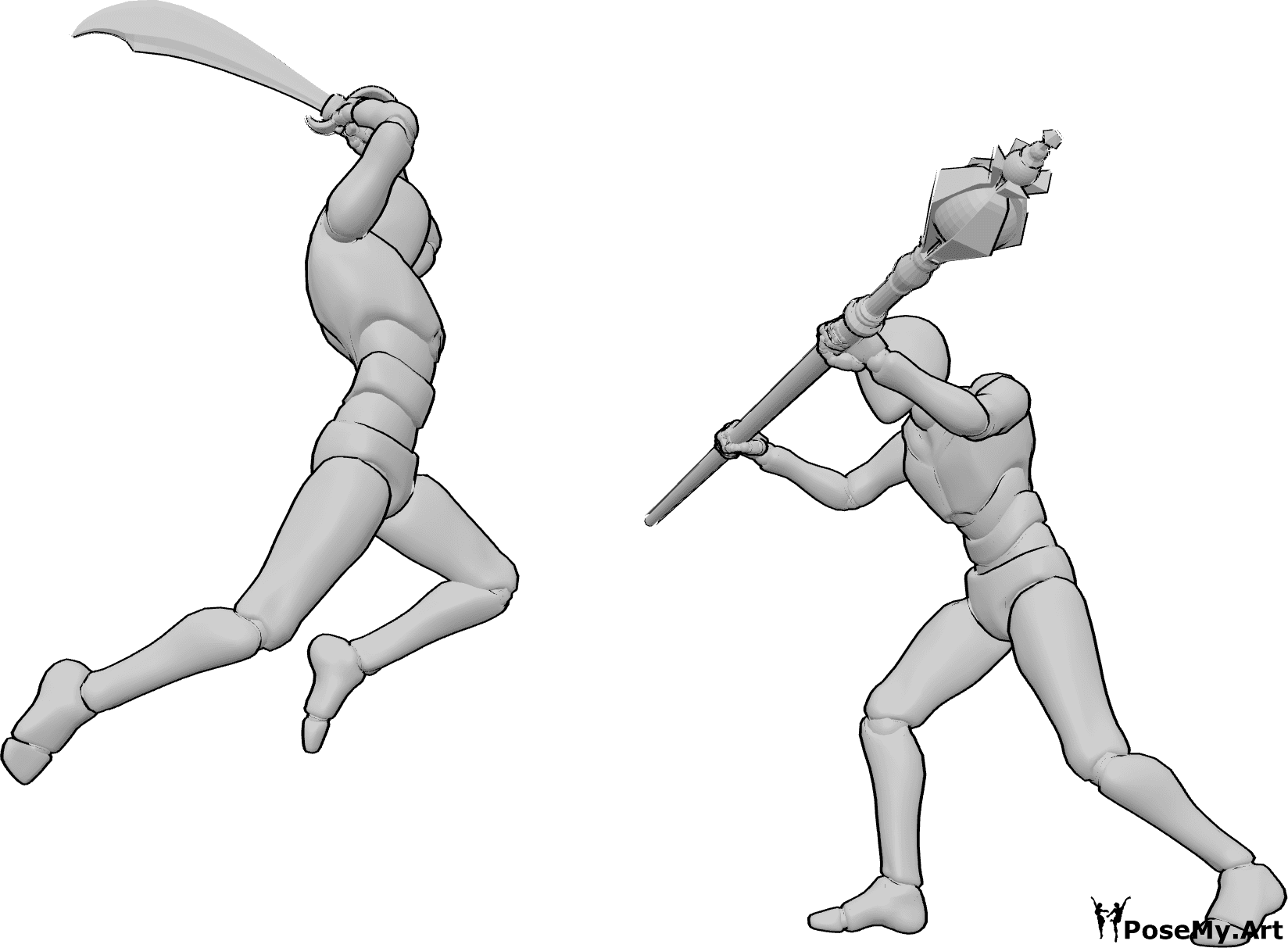 Posen-Referenz- Zauberstab-Blockier-Pose - Das Männchen greift mit einem Schwert an, der Zauberer blockt den Angriff mit seinem Zauberstab ab.
