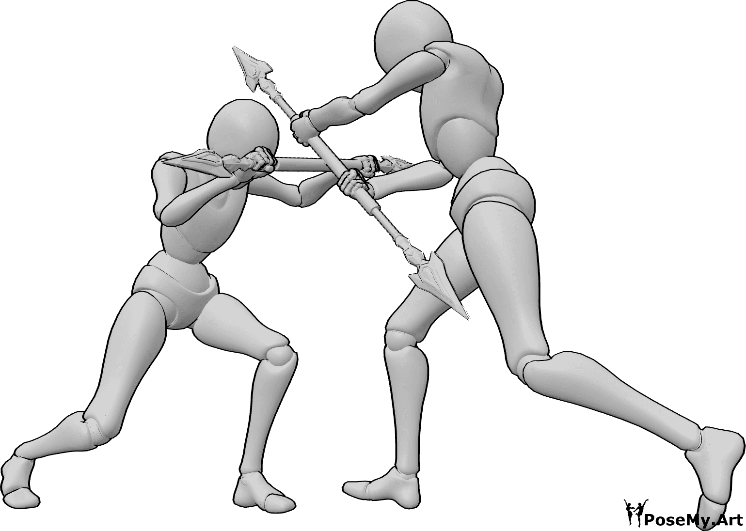 Referência de poses- Pose de bloqueio com lança - As mulheres estão a lutar com lanças, referência à pose de bloqueio da lança