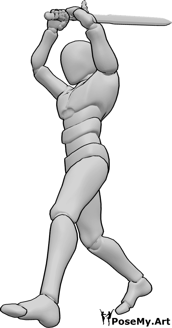Pose Reference- Overhead strike pose - Male is raising the sword high with both hands, ready to swing down