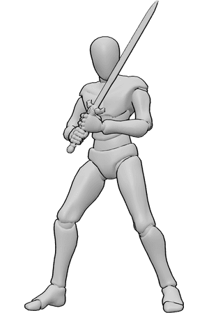 Referência de poses- Pose de espada em posição de guarda - O homem segura a espada com as duas mãos na diagonal do corpo