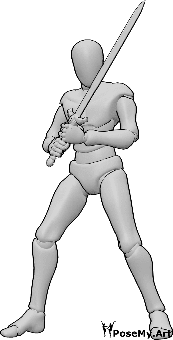 Pose Reference- Sword guarded stance pose - Male is holding the sword with both hands diagonally across his body